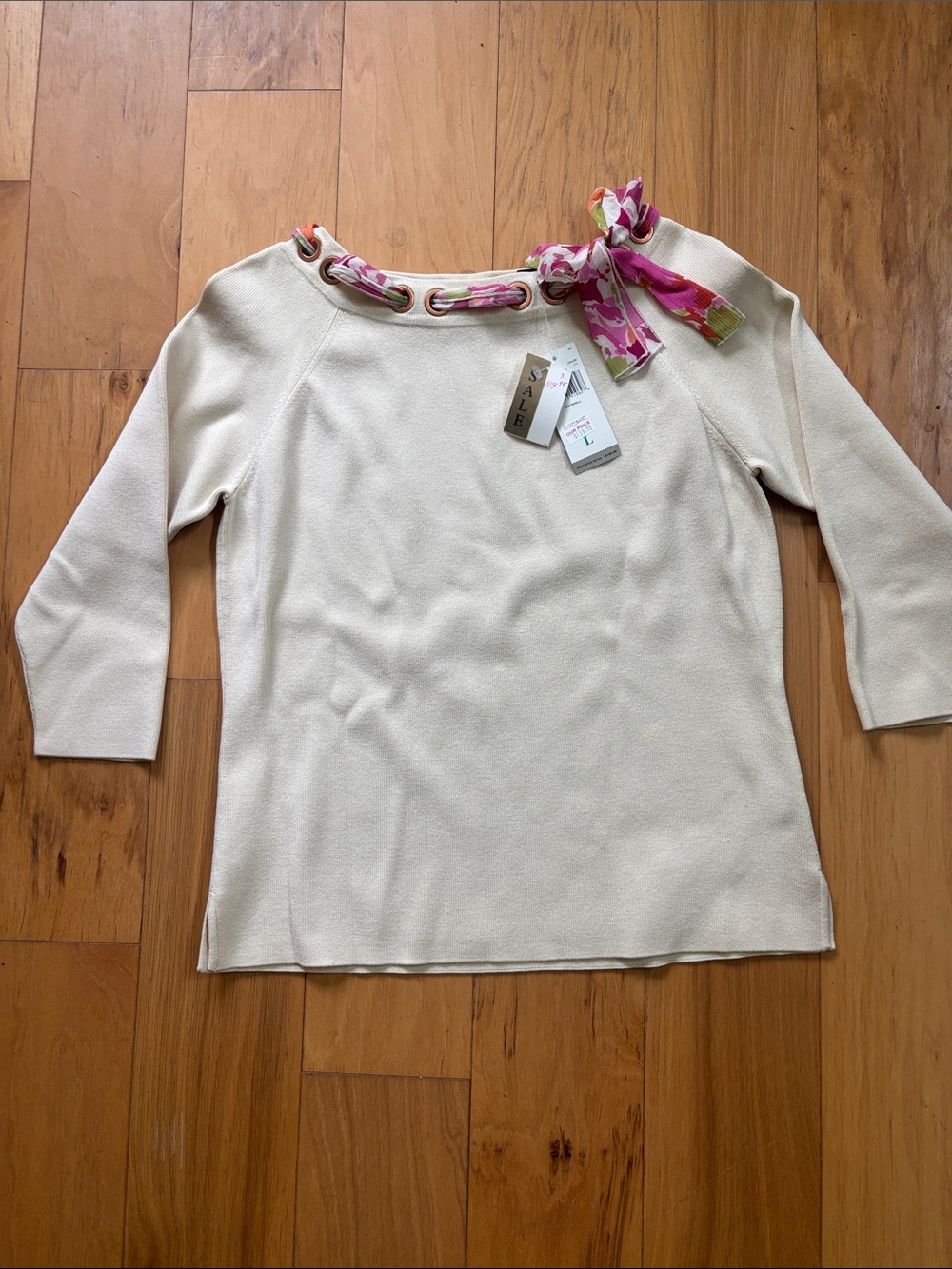 Dana Buchman sweater with floral scarf and copper grommet detail